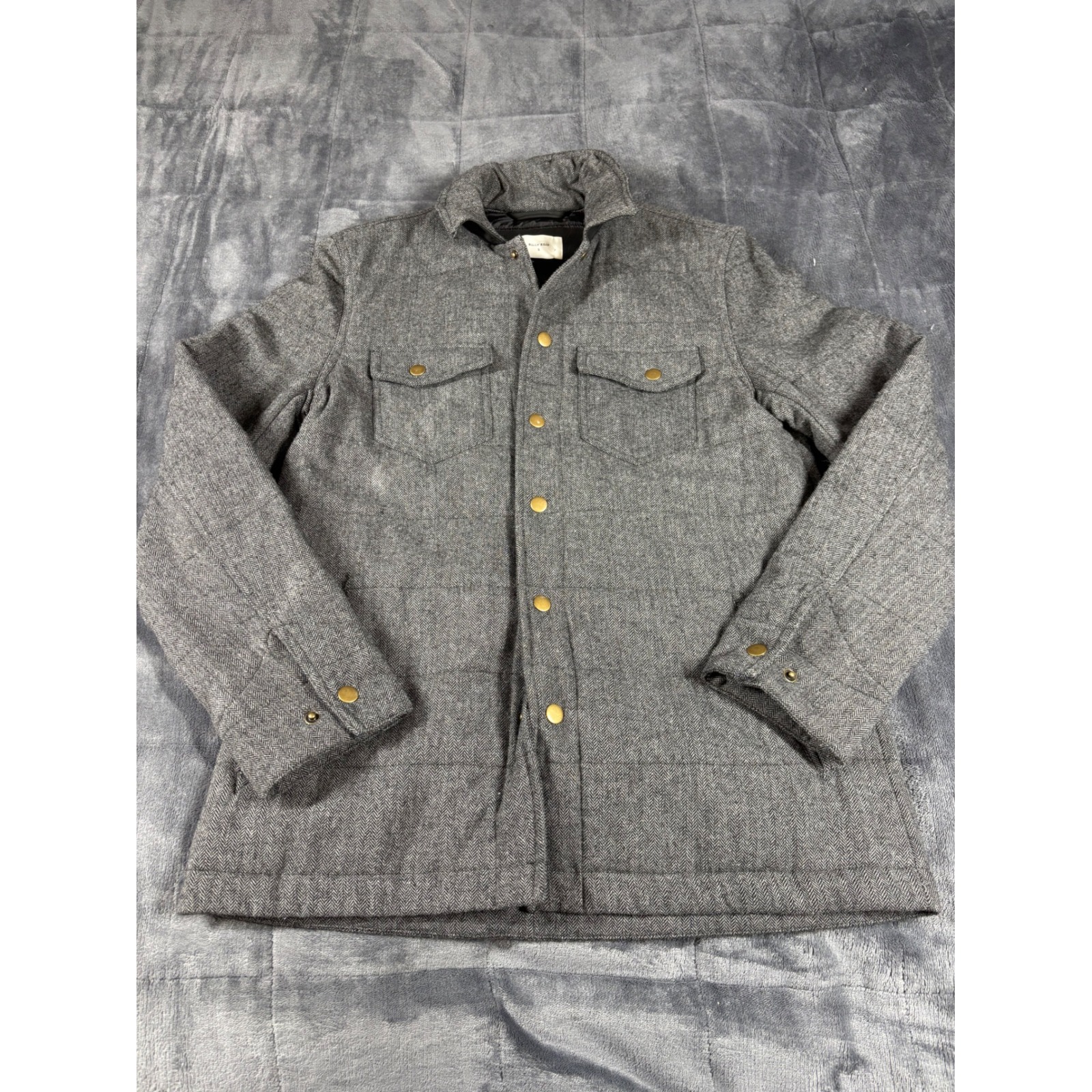 Billy Reid Mens Grey Herringbone Quilted Wool Blend Snap Front Shirt Jacket S